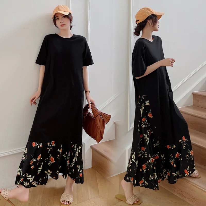 Vestido informal holgado de verano para mujer, vestido largo ajustado con costuras florales, vestido falso de dos piezas de manga corta, novedad de 2025