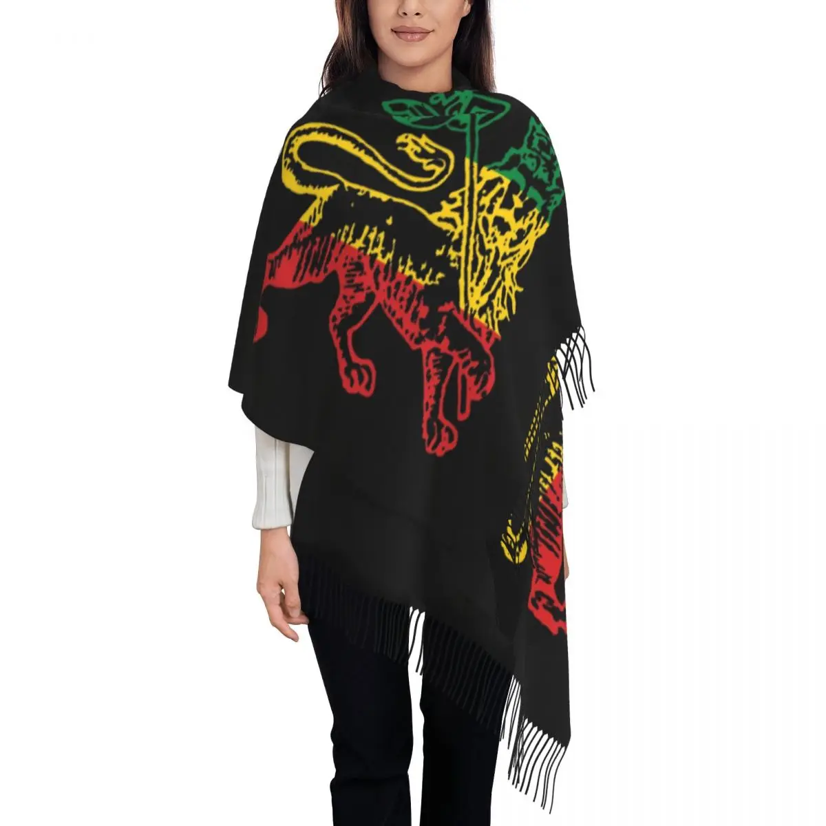 Fashion Lion Of Judah Flag Ethiopia King Selassie Rasta Tassel Scarf Women Winter Fall Warm Shawl Wrap Female Ethiopia Scarves