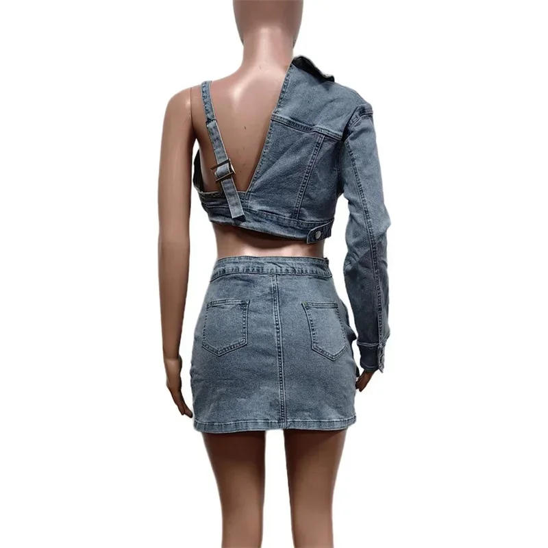 Sexy Suspenders Wrap Bust Short Tops Women Casual Denim 2 Piece Sets Splicing 3D Pocket Split Hem Skirt Female Suits Streetwear