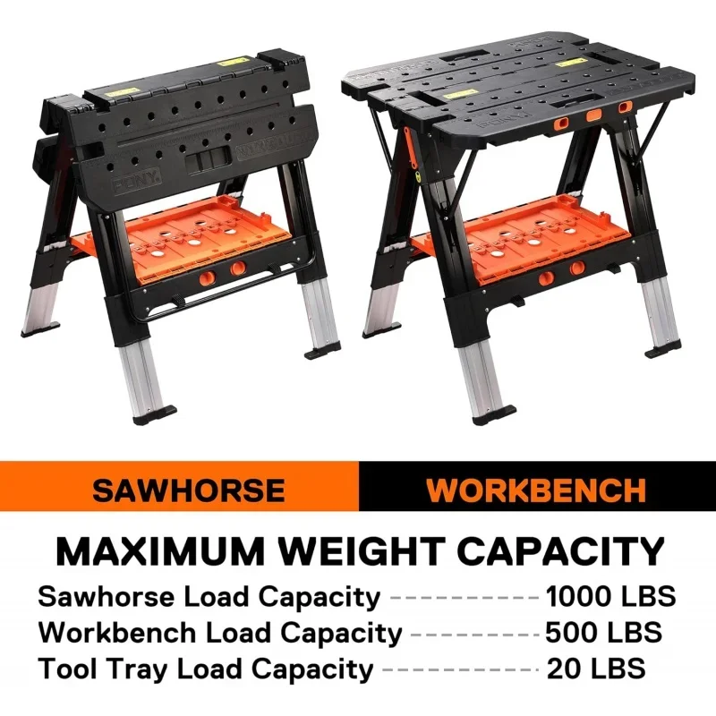 For Pony Portable Folding Work Table, 2-in-1 as Sawhorse & Workbench, Load Capacity 1000 lbs- & 500 -, 31” W×25”