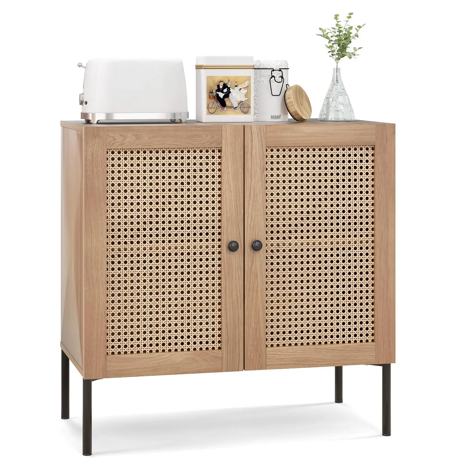 Buffet Cabinet, Wood Sideboard Storage Cabinet with Rattan Door, 3-Position Adjustable Shelf, Freestanding Coffee Bar