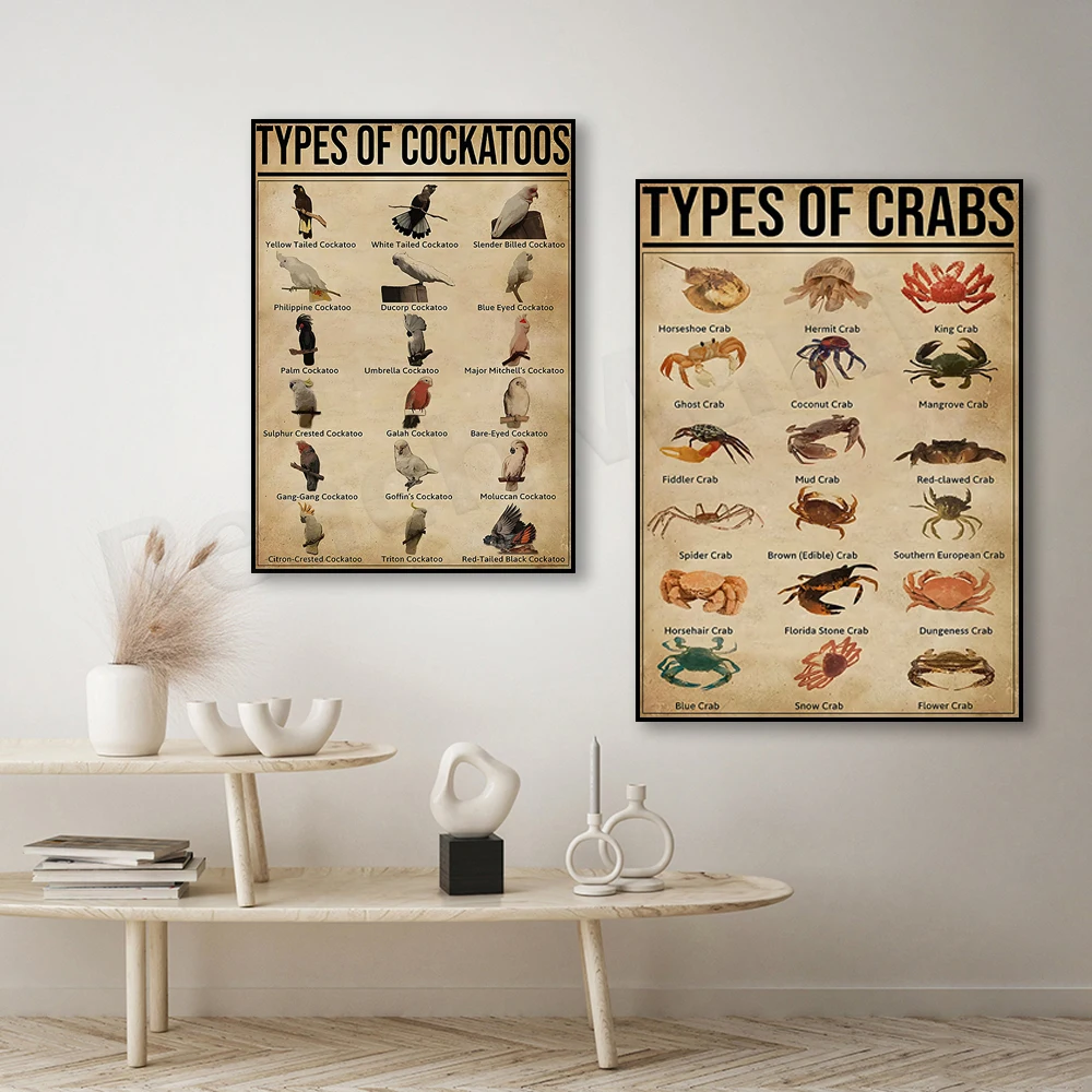 Type d'affiche de crabe, art de perroquet, cadeau d'amant de crabe, impression d'art de crabe, affiche de connaissance vintage, décor de mur de dos