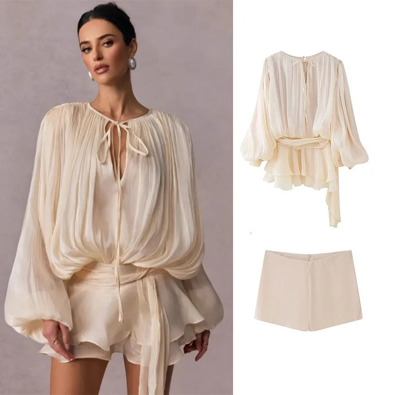 

Летние комплекты женской одежды, однотонное платье с длинными рукавами + шорты, костюмы из двух предметов, элегантная уличная одежда, женские повседневные свободные наряды