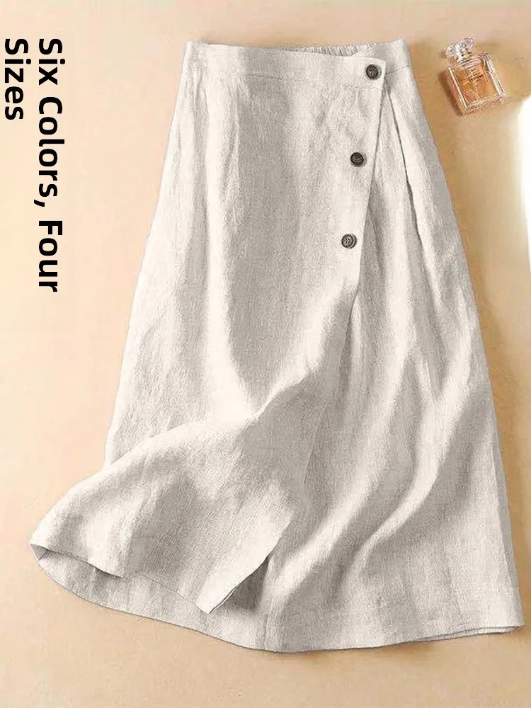 

High-End Cotton Linen A-Line Midi Skirt Women's plus Size Loose Slimming Casual Artistic Style Summer Skirts for plus Size