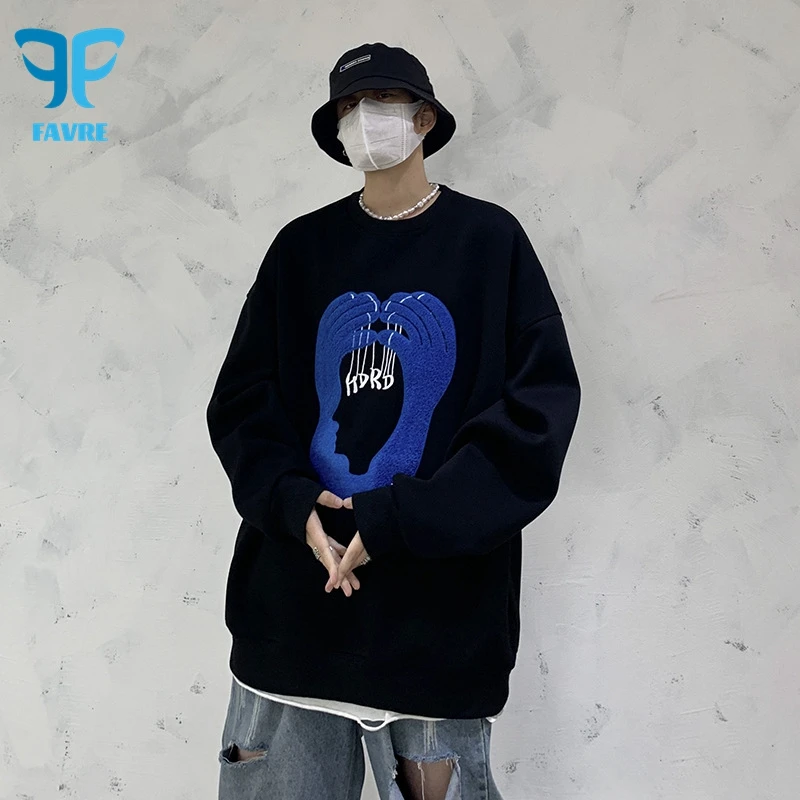 

FAVRE Personality Terry Cartoon Sweatshirts Mens Roundneck Loose Y2K Pullovers Spring Autumn Hong Kong Style Ins Casual Tops