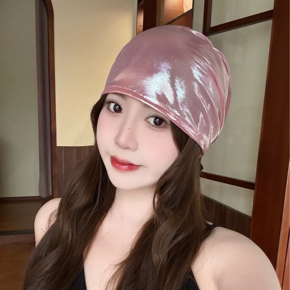 Shiny Satin Sleep Cap Pink Metallic Silky Beanie for Women Smooth Hair Protection Bonnet for Night Sleeping Y2K Slouchy Hat