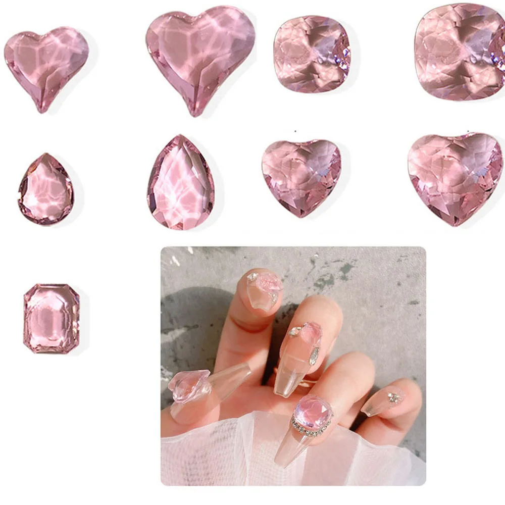 

50pcs Water Ripple Nail Crystal Glass Rhinestone Decoration 3D Pink Water Wave Gloss Glass Designer Charm Easy Stick Nail Supply