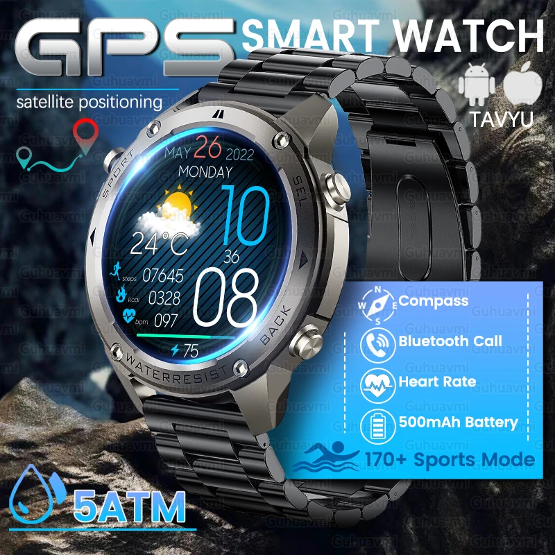 

2026 New Men's GPS Smartwatch 5ATM Waterproof Heart Rate Bluetooth Call Compass Altitude 170+Sports Mode Smartwatch Metal Body