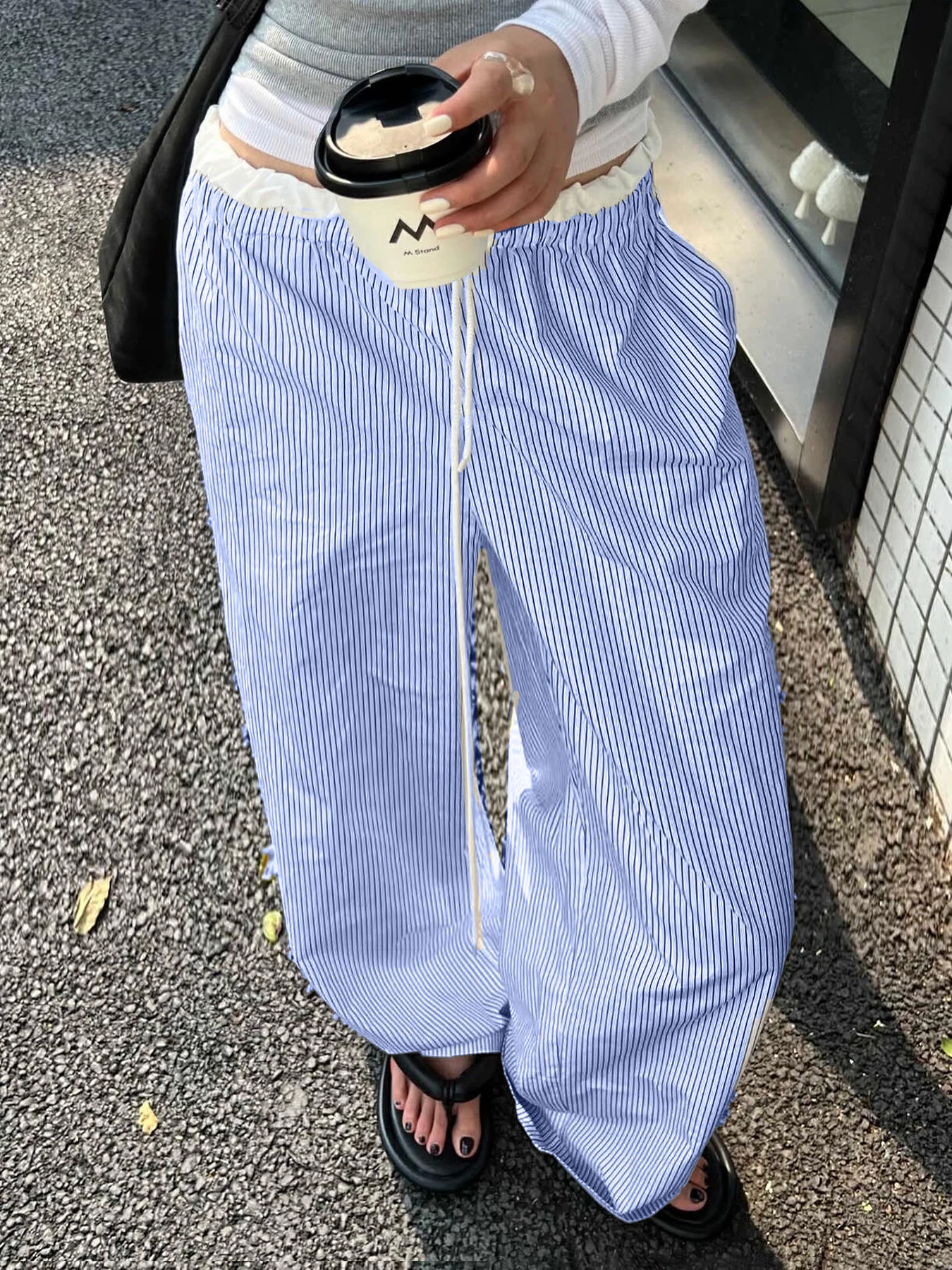 Weekeep y2k Striped Print Casual Pants Cute Ruched Patchwork Loose Straight Pants Vintage 2000s Aesthetic Sweet Women Trousers