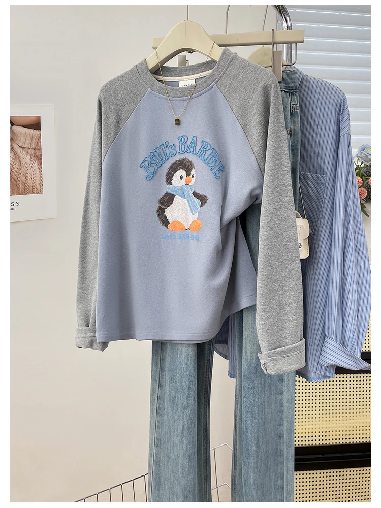 Korean Style Fleece Lined Loose Fit Penguin Print Shoulder Sleeve Women's Top Casual Comfortable Breathable Long Sleeve T-shirt