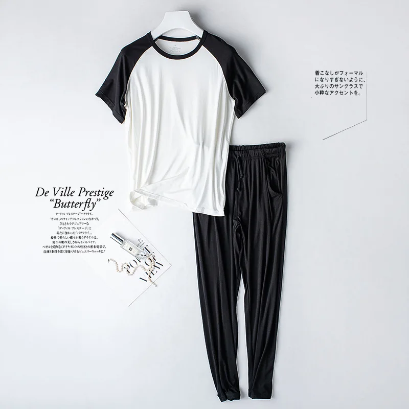 Matching Color Modal Short Sleeve T-Shirt Pajamas Women Spring Summer Home Trousers Suit Casual Loose Sleepwear Set M-3XL