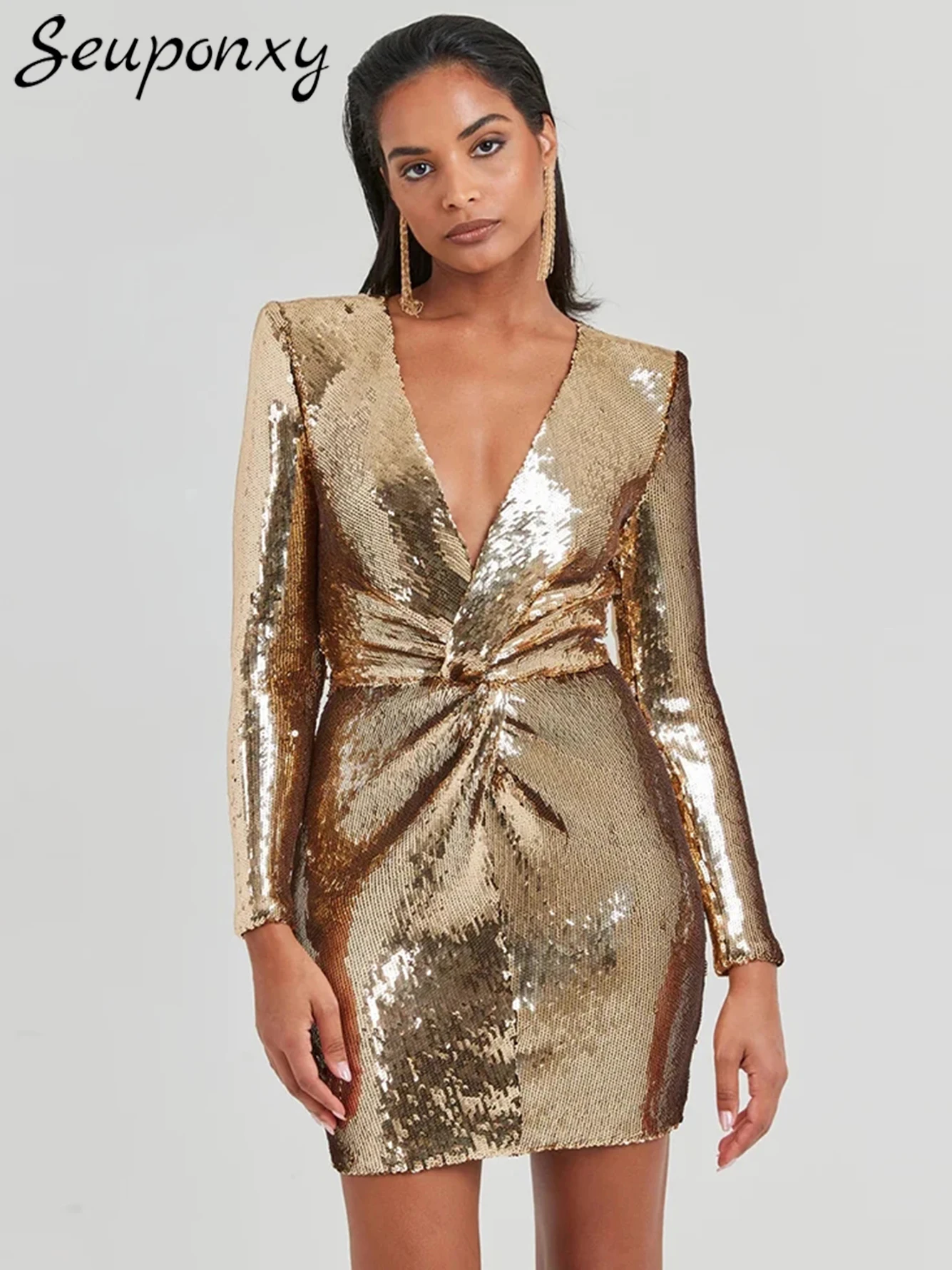 

High Quality Women'S Sexy V-Neck Long Sleeved Shiny Sequin Draped Gold Mini Dress Elegant Celebrity Evening Club Party Vestidos