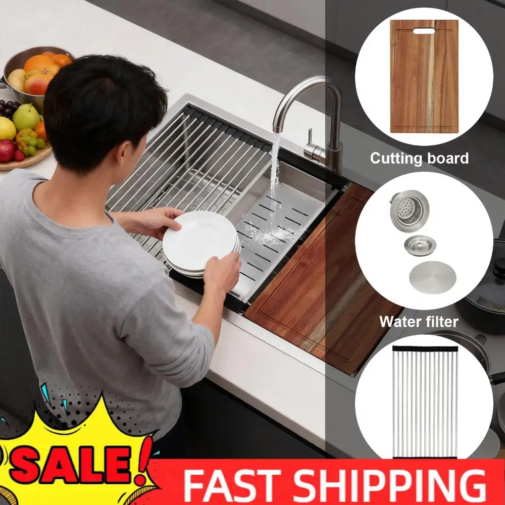 

Многофункциональная кухонная мойка из нержавеющей стали 16 калибра, 30/33 дюйма, со встроенной корзиной-фильтром для слива