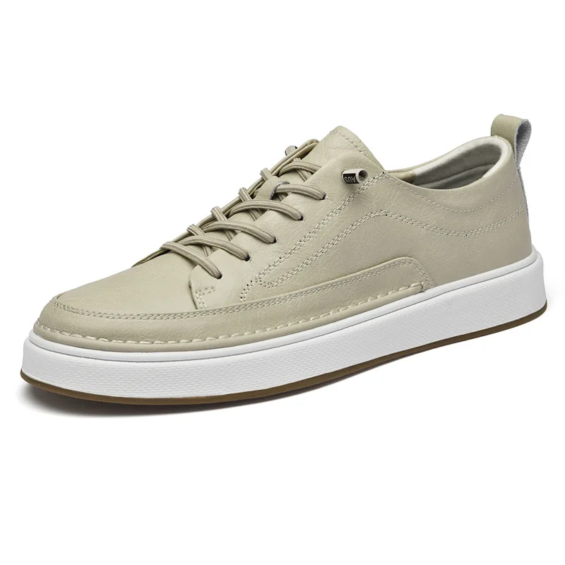 Spring New Fashion Men Cow Leather Casual Shoes Concise Flat Skate Shoes Street Cool Lace-up Sneaker