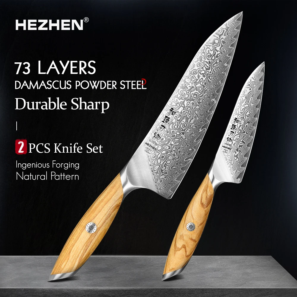 HEZHEN 1PC Or 2PC Knife Set 73 Layer Damascus Steel Powder Steel Core Sharp Kitchen Knives Olive Wood Handle Gift Box