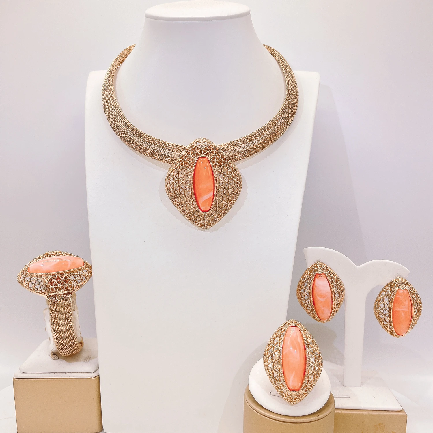 

Оранжевый комплект ювелирных изделий с драгоценными камнями, ожерелье, легкие серьги, браслет, кольцо, вечерние, банкетная одежда, ювелирные изделия