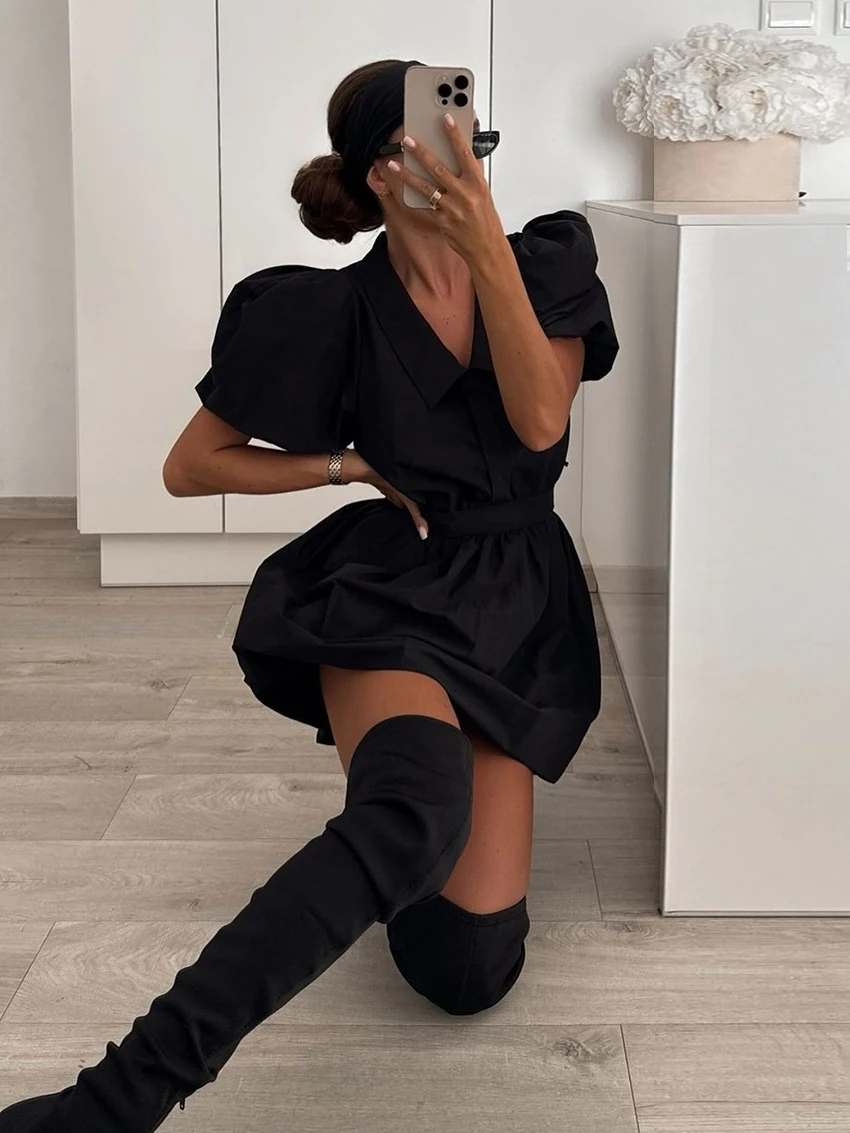 Marthaqiqi Casual Female Sleepwear Set Short Sleeve Nightgowns Turn-Down Collar Nightwear Skirts Autumn Black Women Nightie Suit