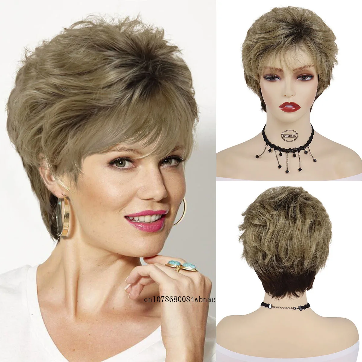 

Female Brown Blonde Synthetic Hair Short Pixie Cut Layered Wigs with Bangs Fluffy Ombre Color Wig for Women Daily Halloween Gift