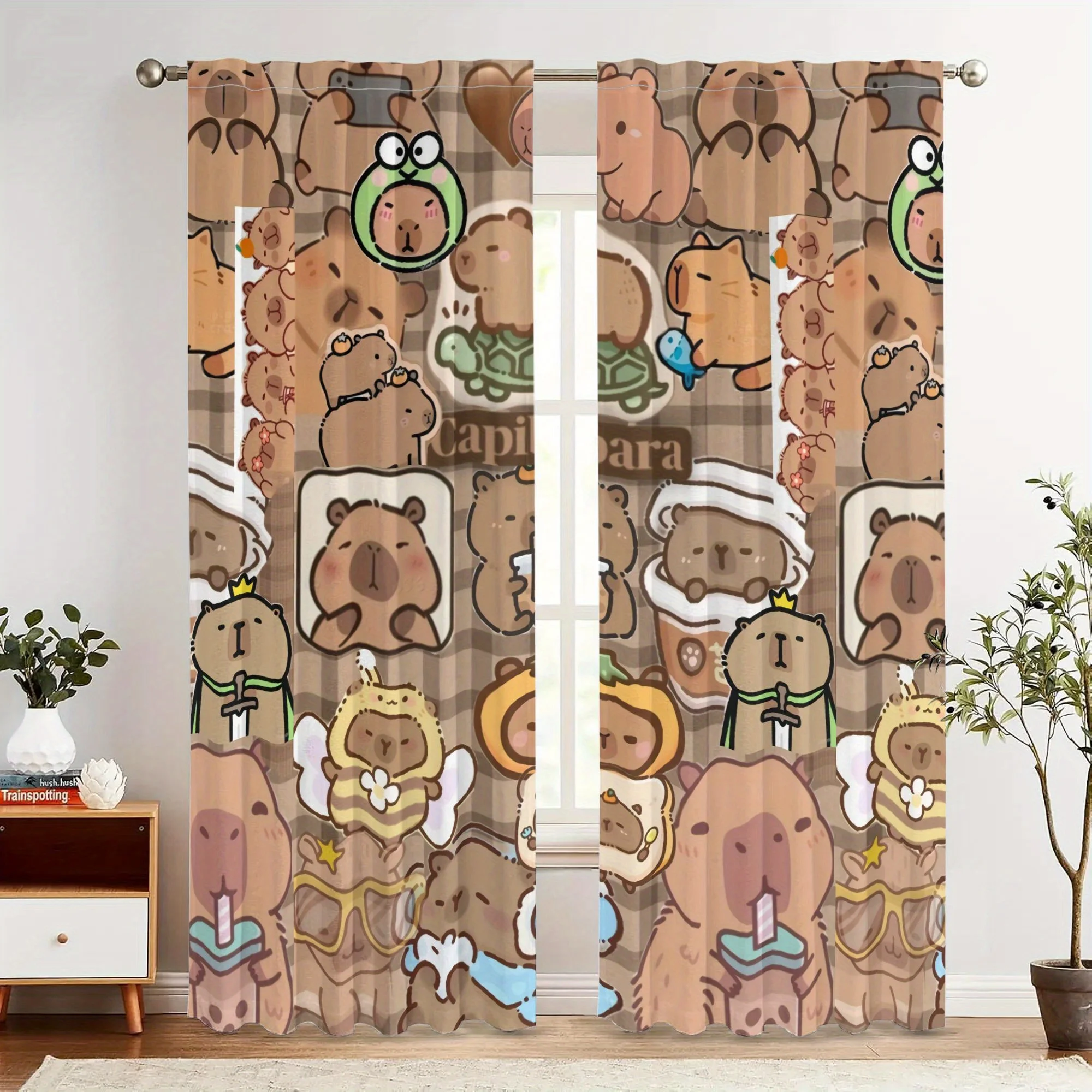 Cute Capybara Cartoon Curtains, Kawaii Animal Print Drapes, Kids Room Bedroom Window Treatment, Blackout Fabric for Home Decor