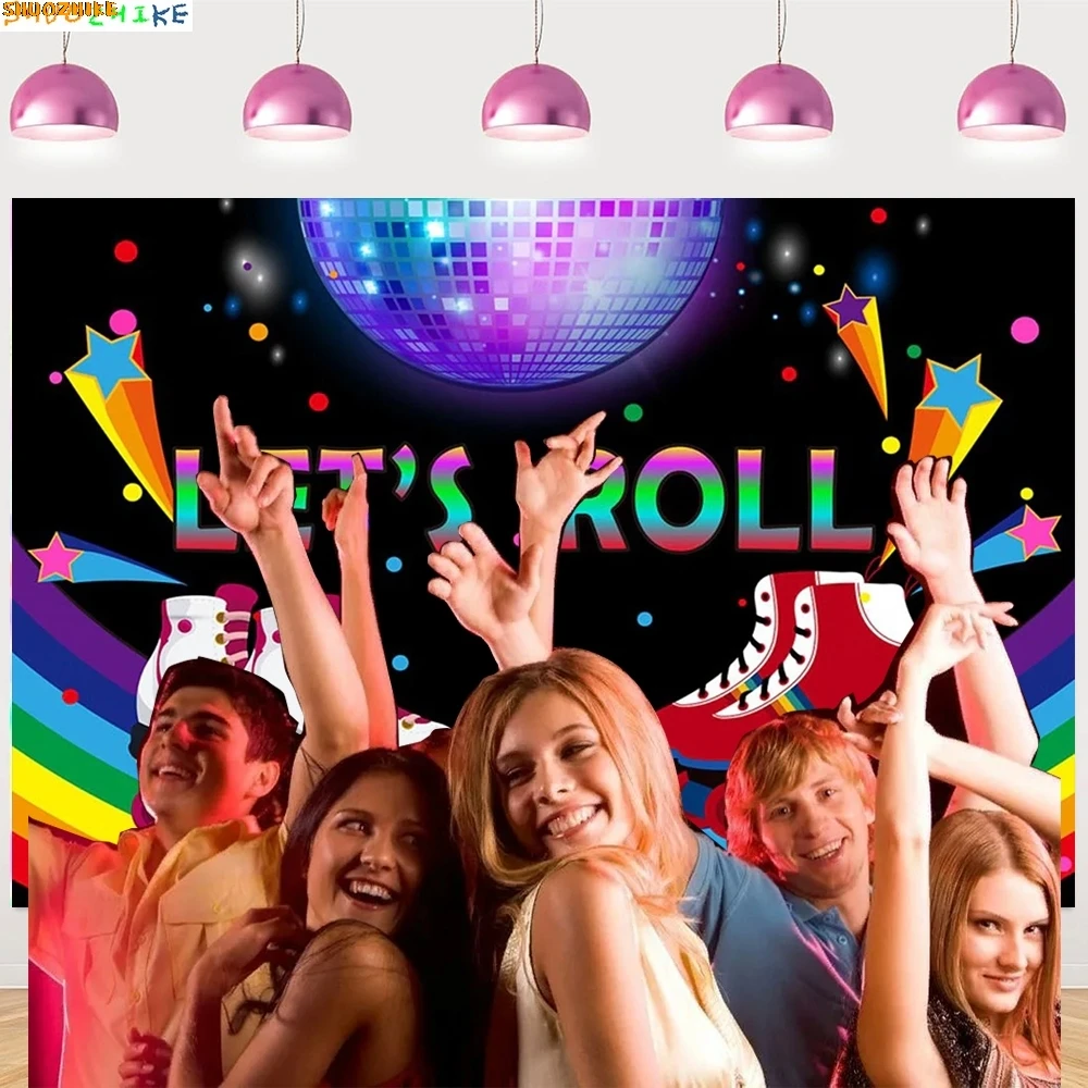 

Let's Roll Girls Photography Backdrops 80s 90s Pink Roller Skating Neon Lights Rainbow Disco Birthday Photo Background XZ-01