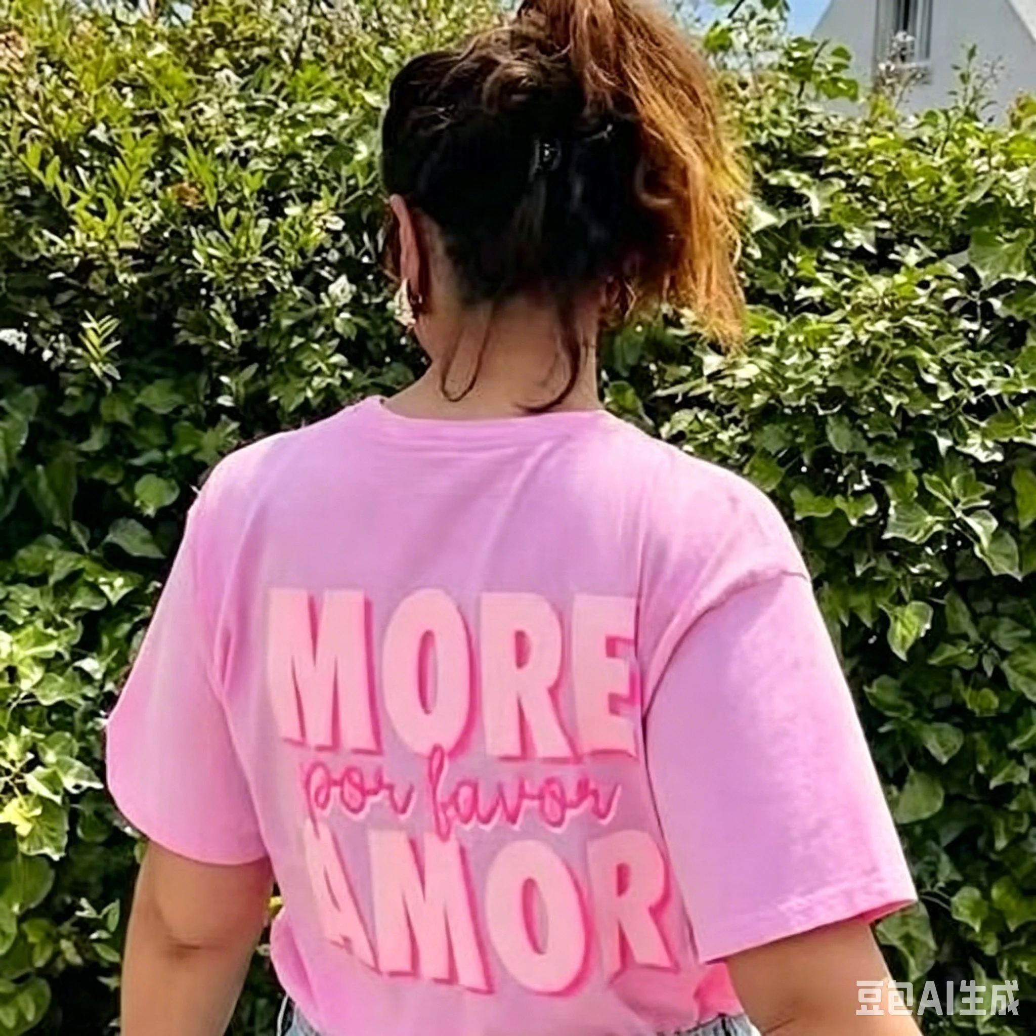 Sweet Women Hot Pink Cotton T-Shirt More Amor Spanish Slogan Graphic Loose Drop Shoulder Casual Summer Short Sleeve Beach Tee