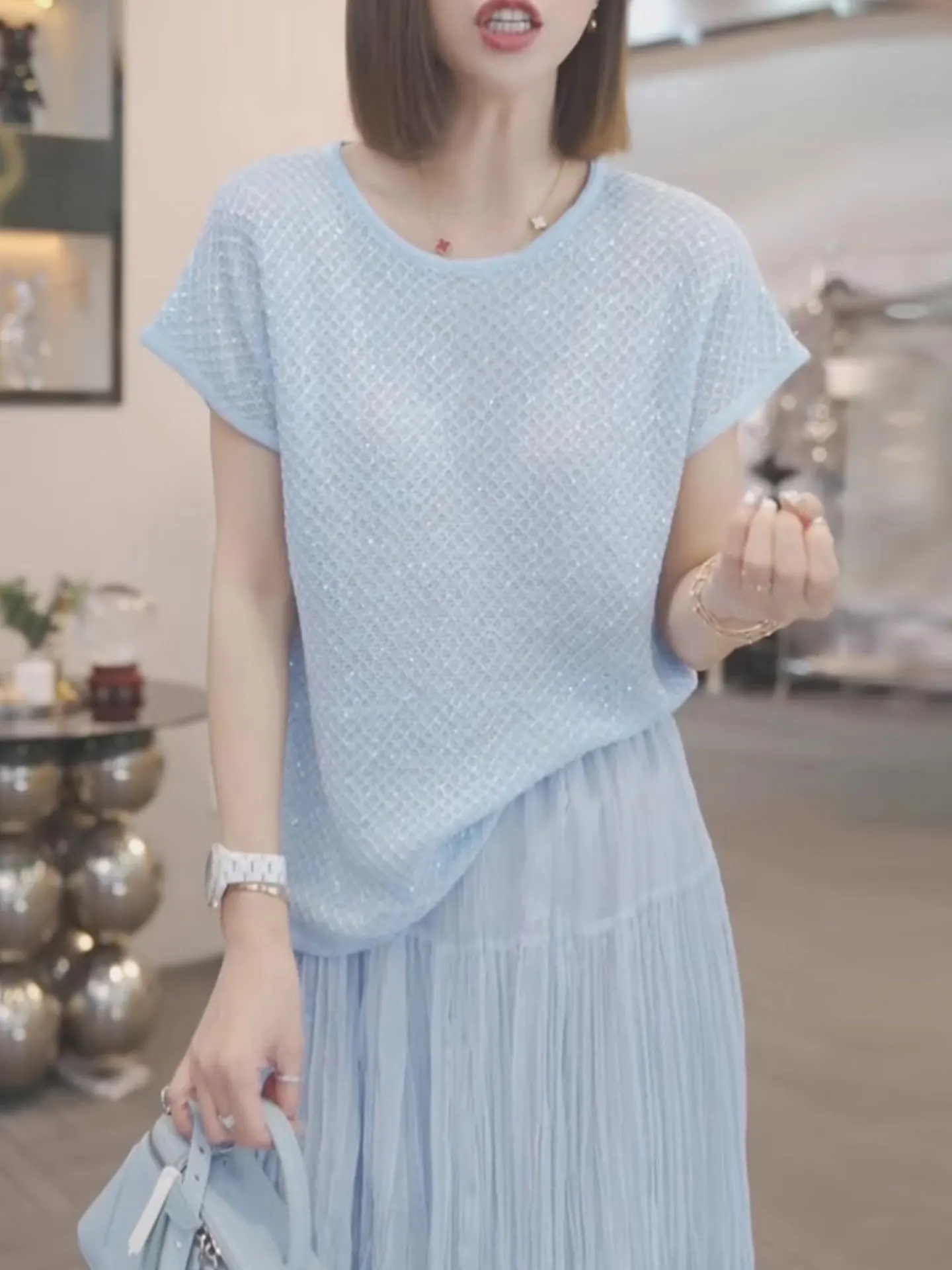 

Вязаный топ Ele Ice Silk Knitted с коротким рукавом, однотонный, с ромбовидным узором, свободного кроя, в корейском стиле, подходит для повседневной носки летом.