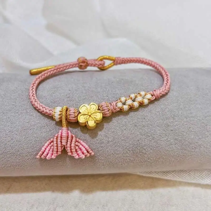 

New Arrival 999 24K Yellow Gold Bracelet Women Handmade String Flower Bracelet