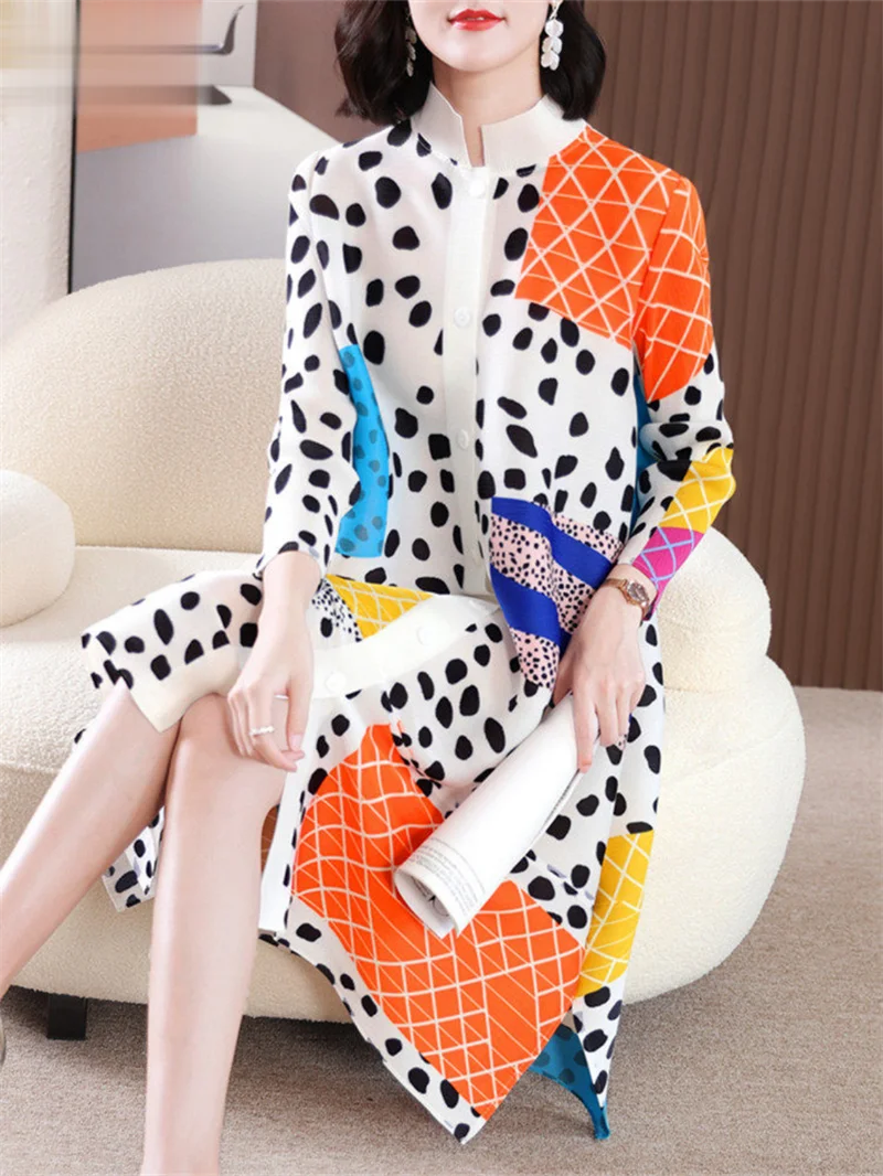 Abendkleider Damenkleider High-End-Mode Plissee Kleid Plus Size Damen Temperament Bedruckter Rundhals-Hemdrock