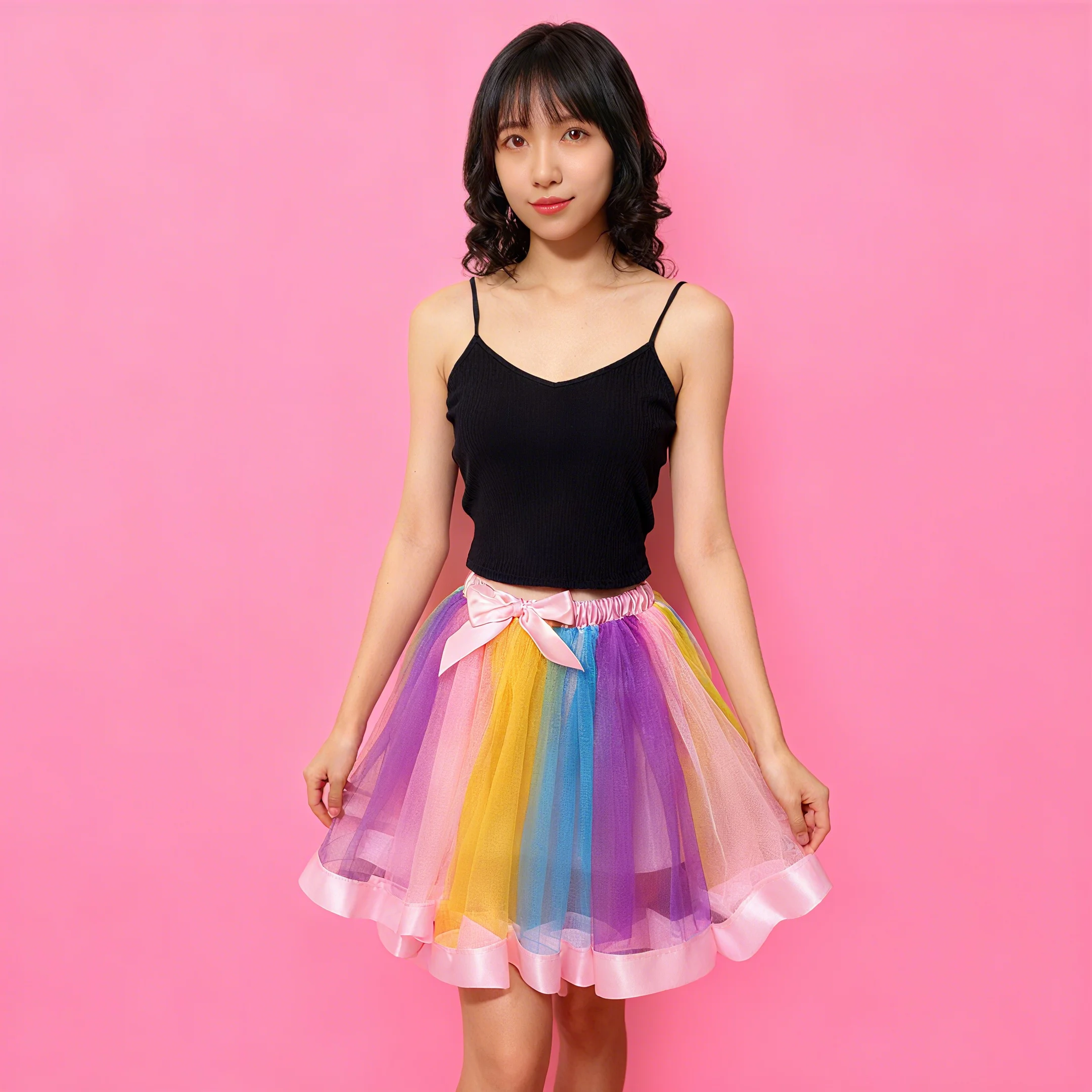 

Радужная юбка-пачка для взрослых — яркий тюль с атласной отделкой и бантом, идеально подходит для фестивалей, косплея, вечеринок, добавления игривого и шикарного цвета