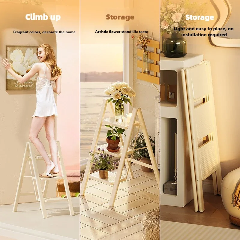 Cream Wind Home Folding Ladder Small Multi-functional Lightweight Ladder Chair Decorative Flower Frame Ladder Home Furniture