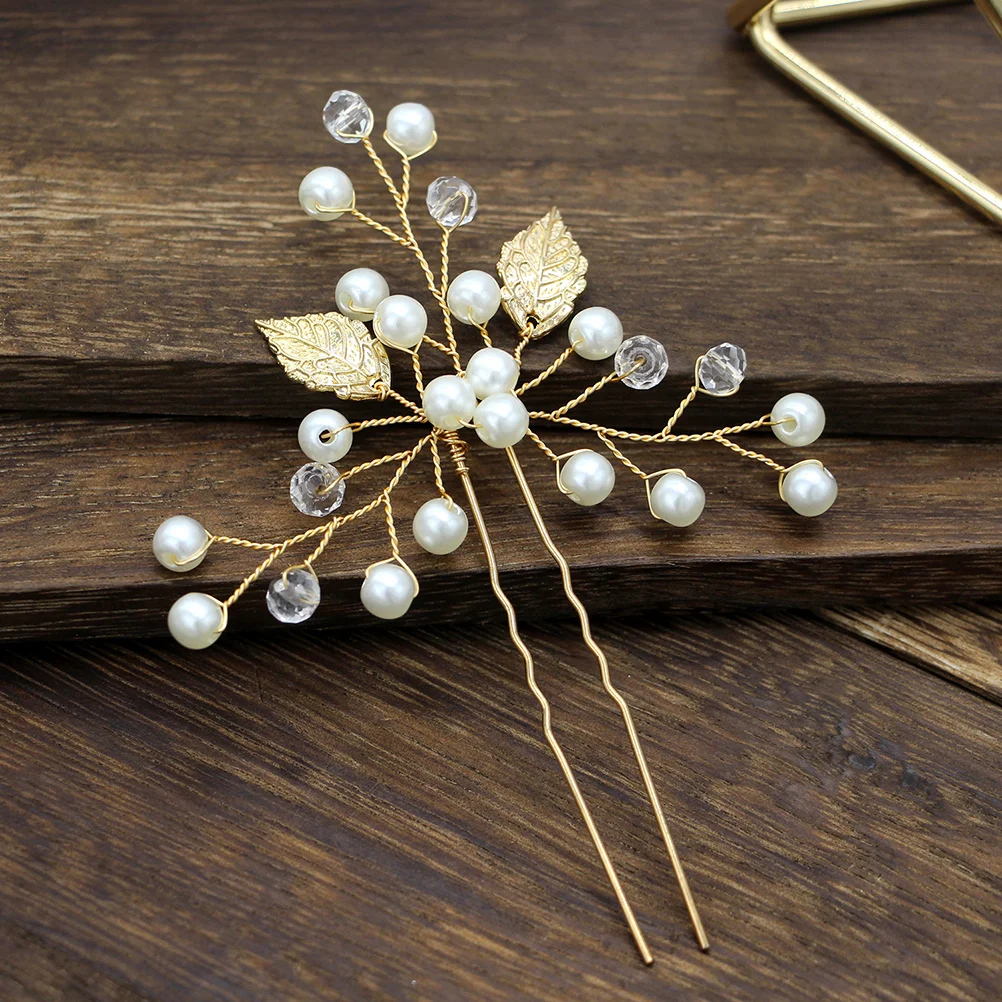 Pinzas para el cabello de hoja de aleación, horquillas decorativas de cristal con perlas para novia, accesorios de joyería para mujer, fiesta de boda (alambre de cobre dorado)