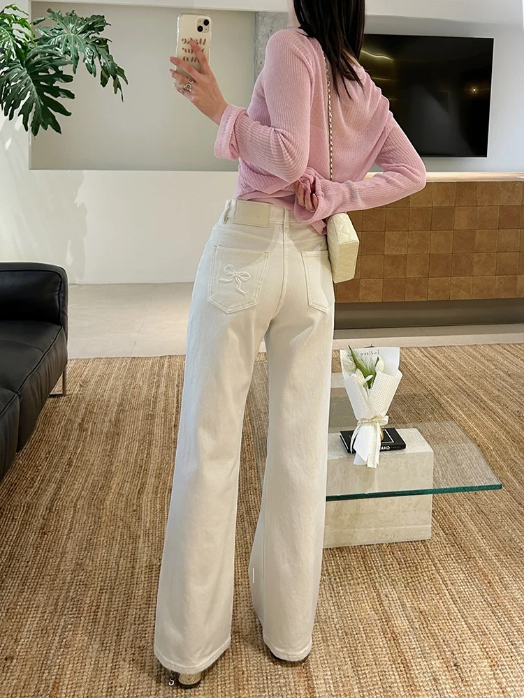 

Женские джинсы с высокой талией и расклешенными штанинами, весна 2026, новый стиль, с бантом, из хлопка, эластичные, удобные, прямого кроя, белые брюки