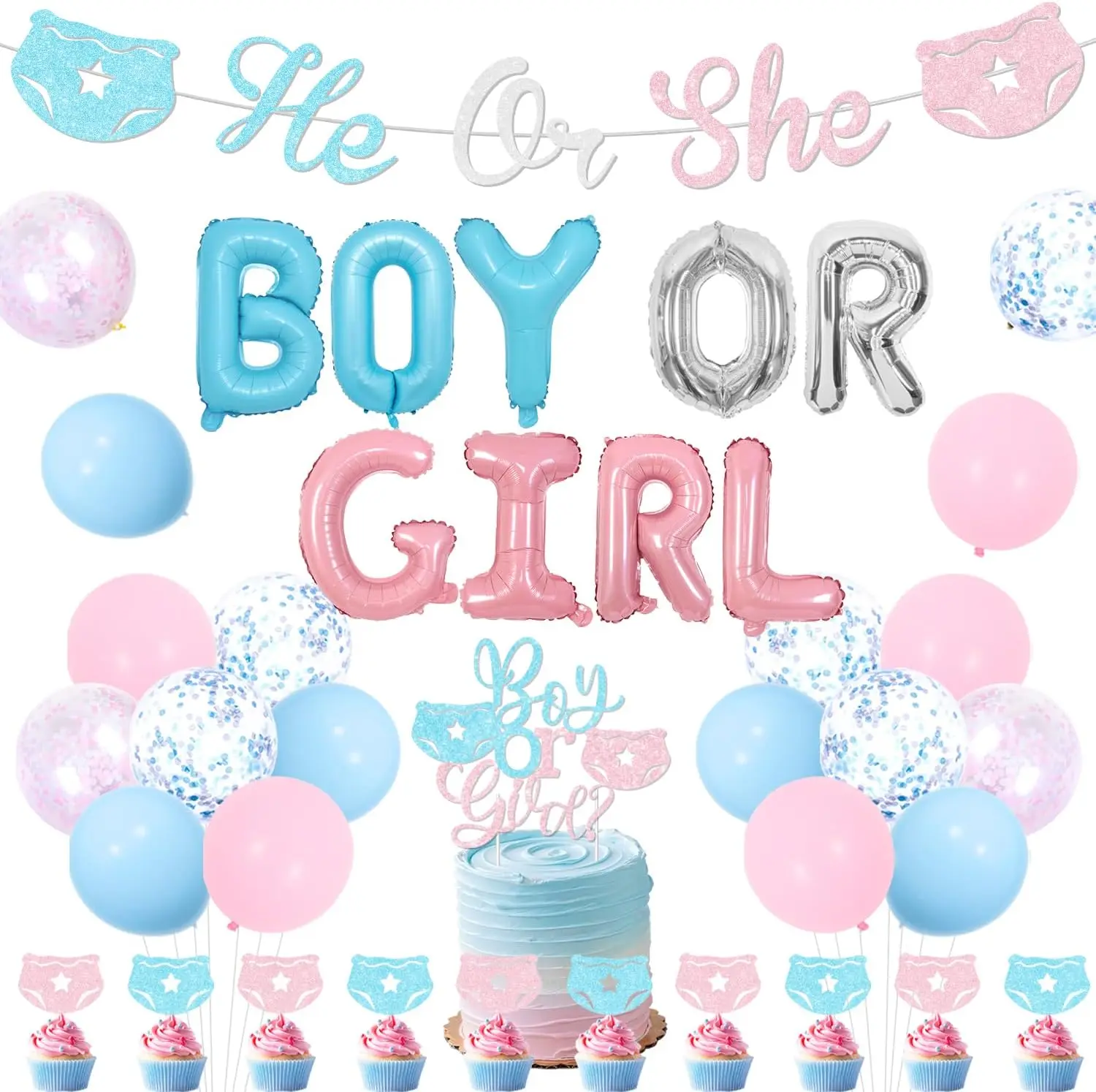 

Joymemo Diaper Theme Gender Reveal Party Decorations Boy or Girl Balloons Banner Cake Topper Blue White Baby Shower Supplies