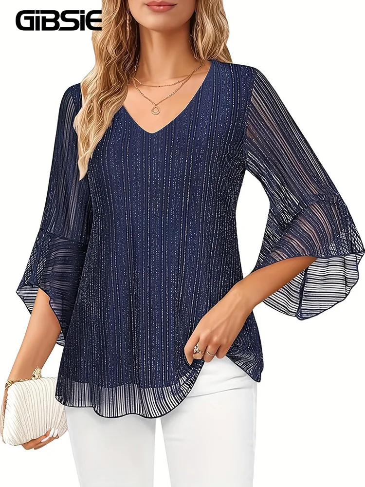 

GIBSIE Plus Size New Elastic Mesh V-Neck Flared Sleeve Blouse Women Spring Summer 3/4 Sleeve Elegant OL Female Blouses Tops