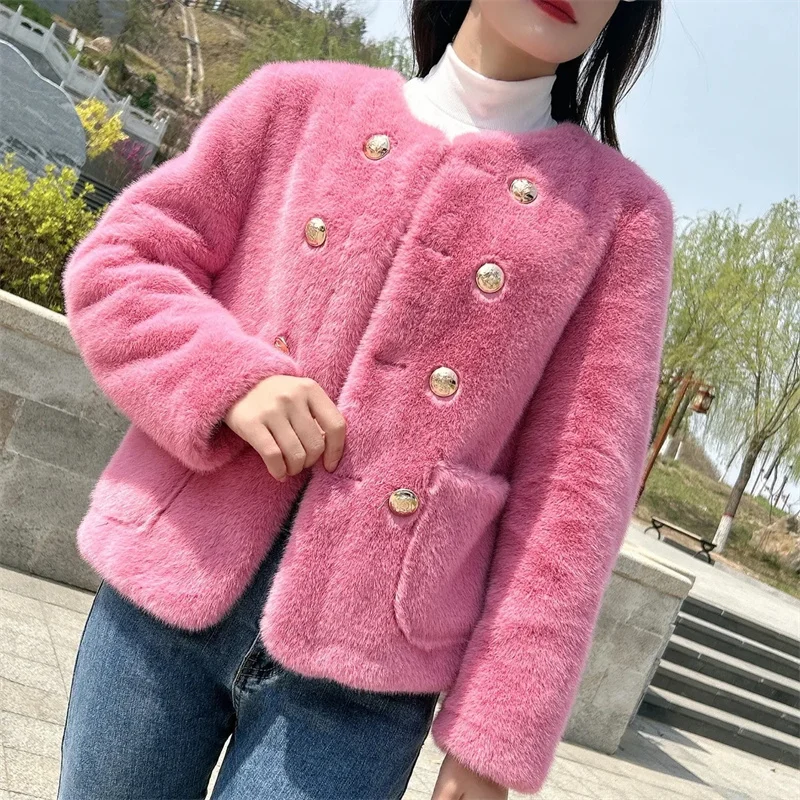 Streetwear Double-faced Fur Coat Women\'s Mink Velvet Short Jacket O-neck Double-breasted Pocket Faux Fur Fluff Outerwear Autumn