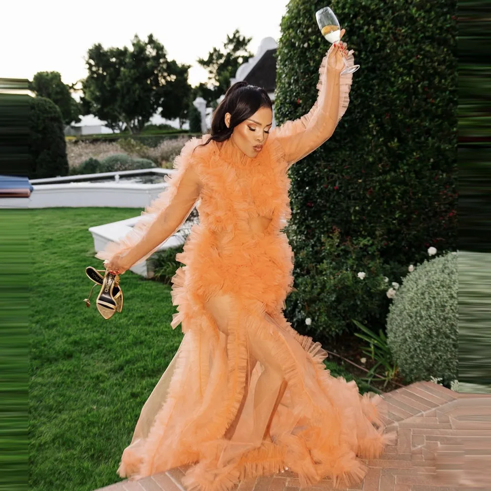

Tulle Ruffle Maternity Robe Sexy Bridal Dress For Photoshoot Long Sleeves See Through Holiday Party Dress