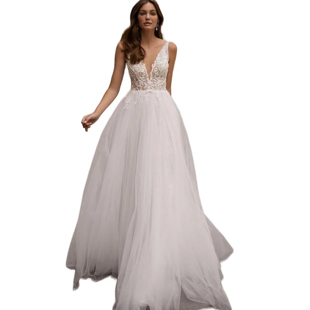 Vestido de novia con cuello en V profundo para mujer, tul, Organza, Apliques de encaje, hecho a medida, vestidos de novia sin espalda, línea A, piso Leng