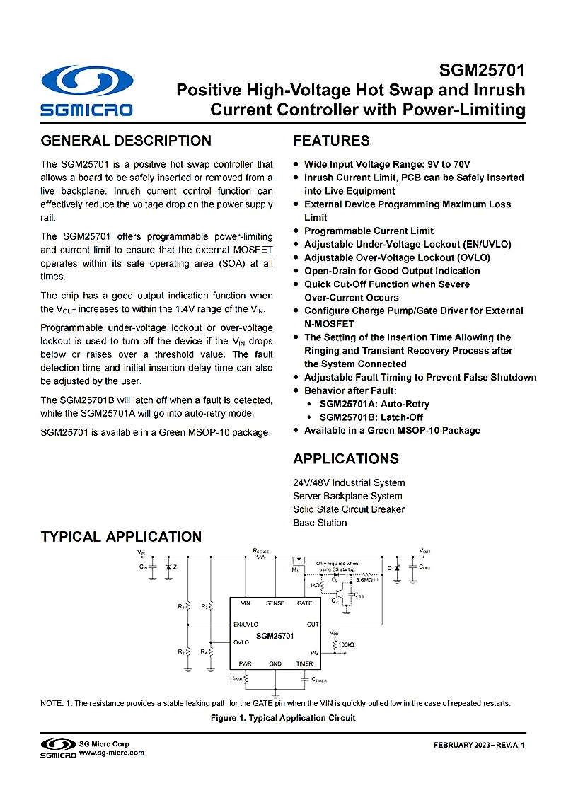 

5Pcs/Lot SGM25701BXMS10G/TR MSOP-10,Positive High-Voltage Hot Swap and Inrush Current Controller with Power-Limiting