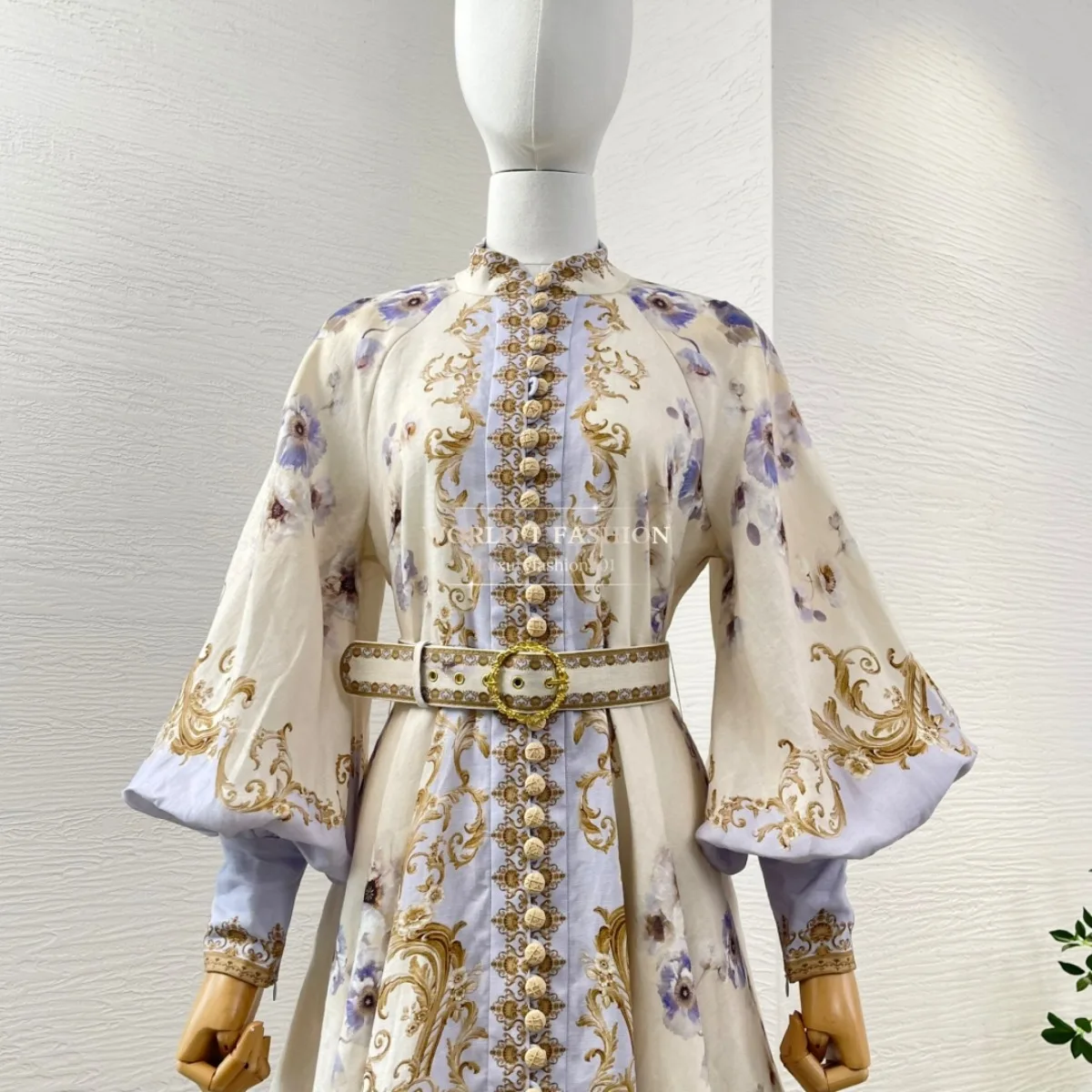 Mini robe à manches longues à imprimé floral bleu beige 2025 de haute qualité