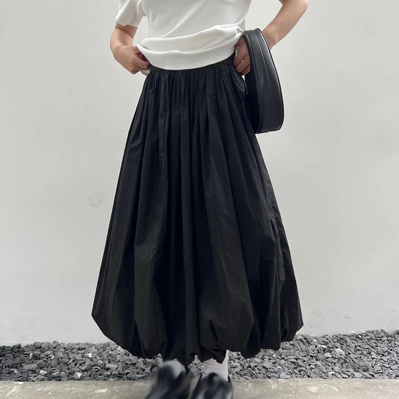 Geplooide Rok Vrouwen Elegante Solide Elastische Taille A-Lijn Vintage Koreaanse Mode Losse Maxi Rok Casual Streetwear 2024 Nieuw