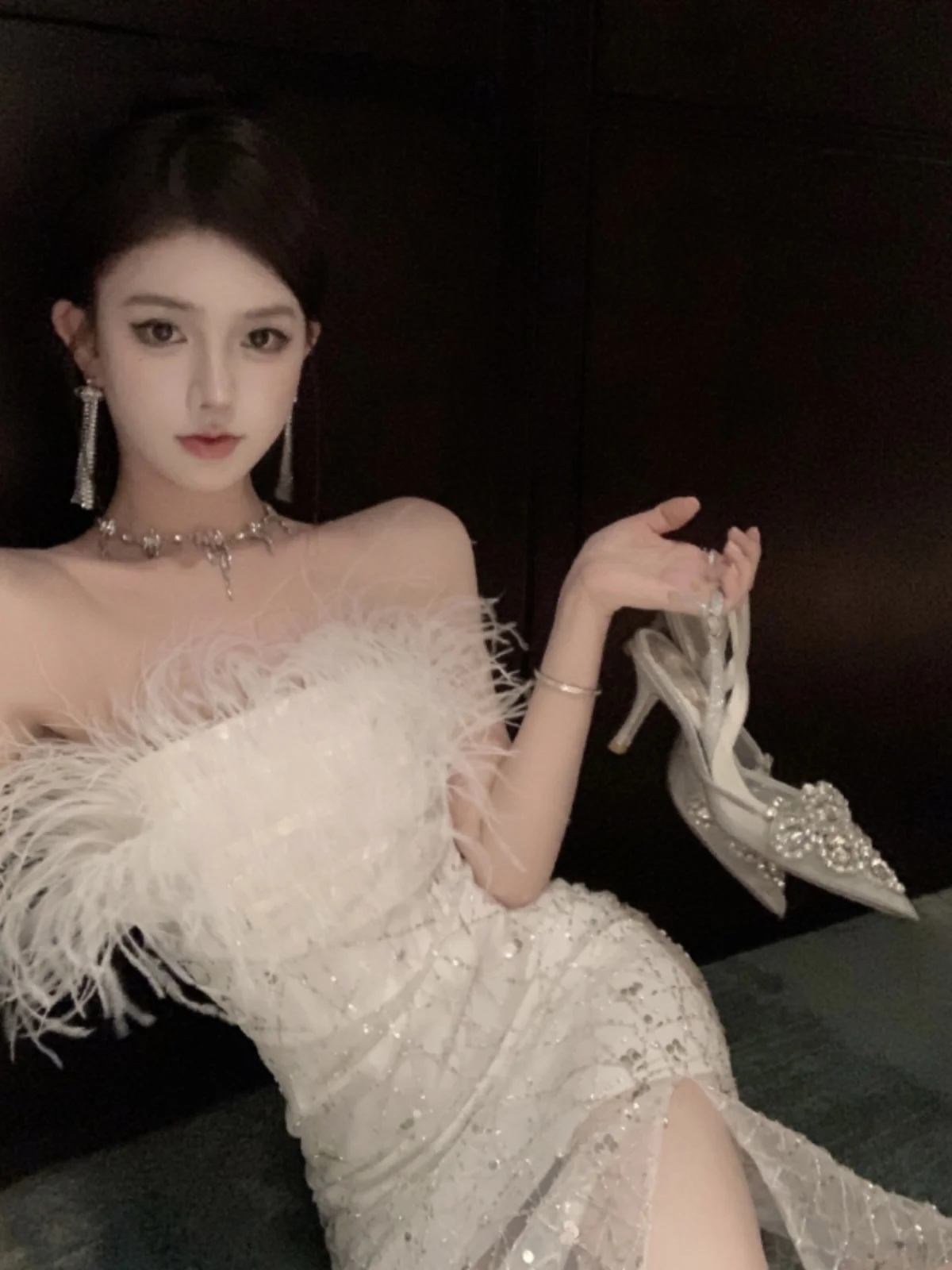 

iny Sequin Feather One oulder Dr Birthday Par Luxury Ele Long Sve Evening Gown for Women Sexy Slim Fit Dr