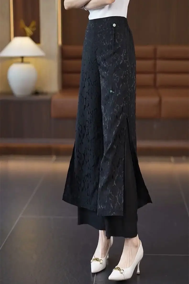 New Chinese Satin Jacquard Slit Pants for Women Spring Summer 2025 New High Waist Loose Straight Button Wide Leg Pants C288