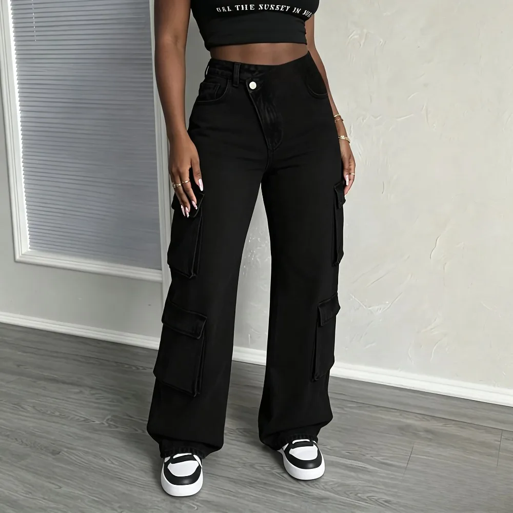 High-end tooling ladies jeans, new irregular trousers with multiple pockets and slim elastic overalls.