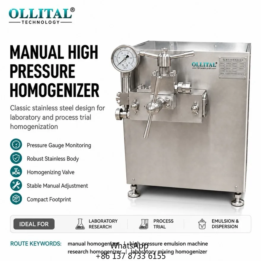 Ollital High Pressure Homogenizer With Pressure Gauge For Manual Adjustment And Laboratory Emulsion Trials