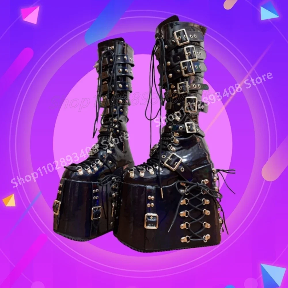 

Sexy Cool Mid Calf Boots Punk Style New Wedges High Heel Thickness Rivets Decor Lace-up Shoes Autumn 2025 Hot Girls Para Mujere