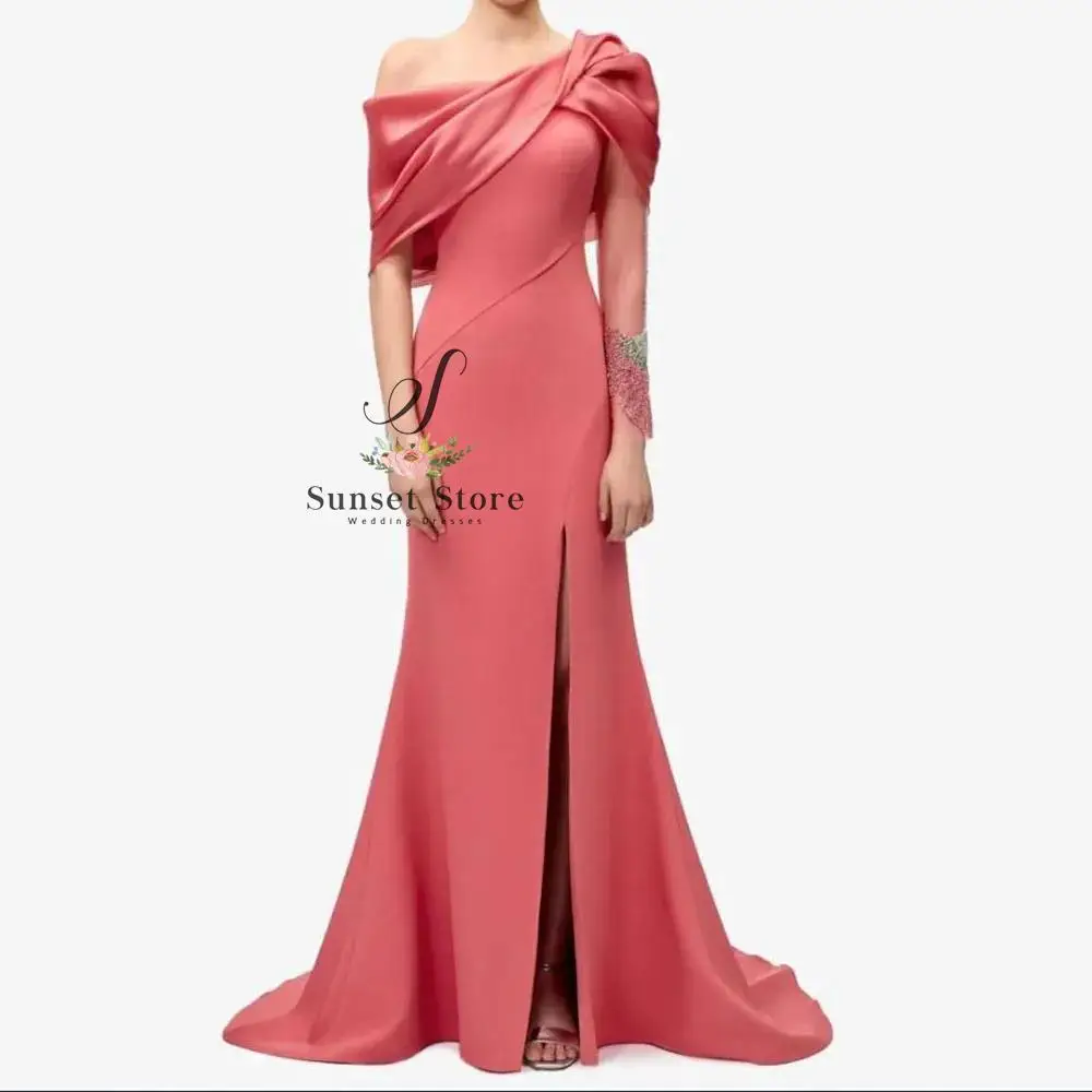 

Customized Single Sleeve Evening Dresses with Split Off the Shoulder Pleat Formal Evening Gown Coral Satin Wedding Party Dress