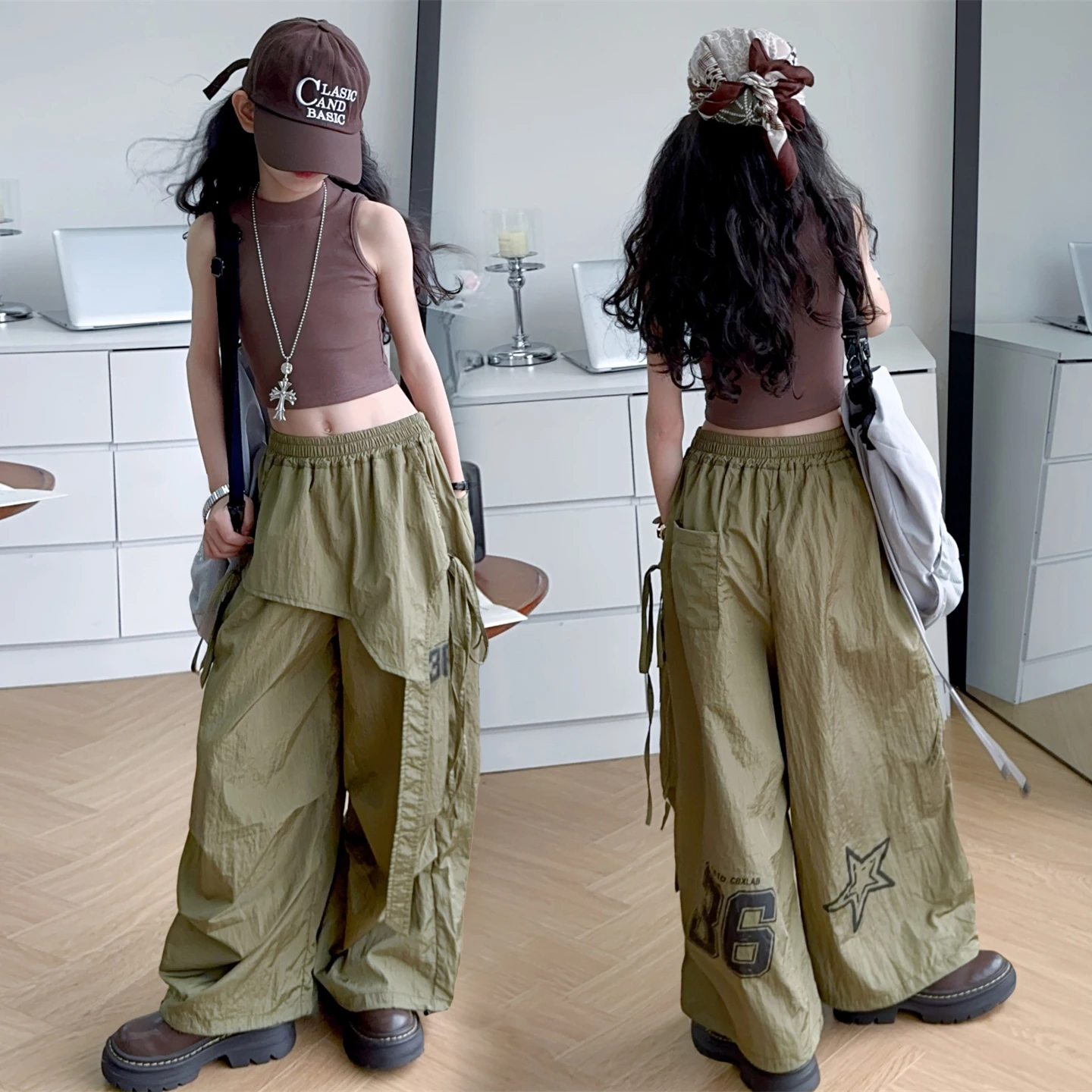 

Cool Girls Utility Pants Kids Y2k Style Fashion Pants With Side Pockets Teenage Child Pants Toddler Wide-Leg Trousers Ages 4-14Y