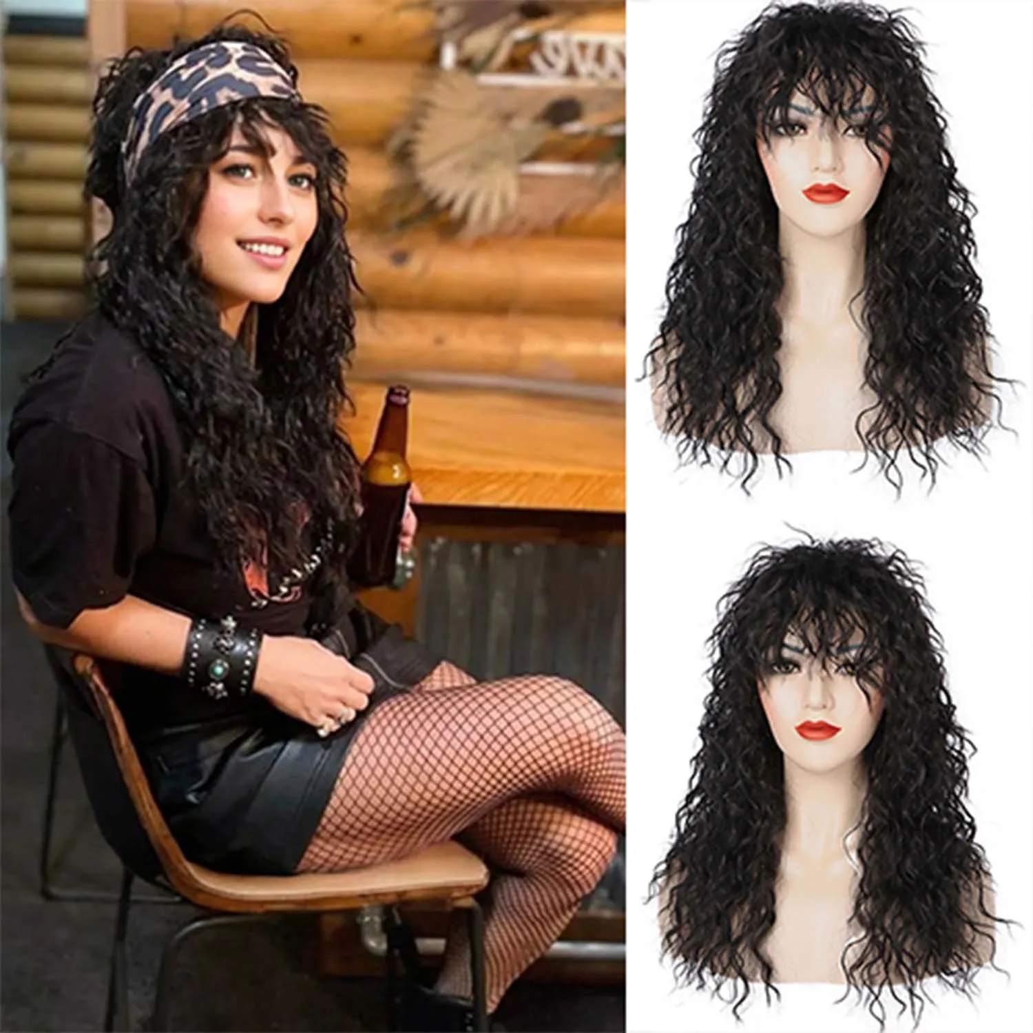 Synthetic 80s Long Curly Wig for Men and Women Halloween Rocker Mullet Party Funny Wig Cosplay Wig Costume Wig  ﻿