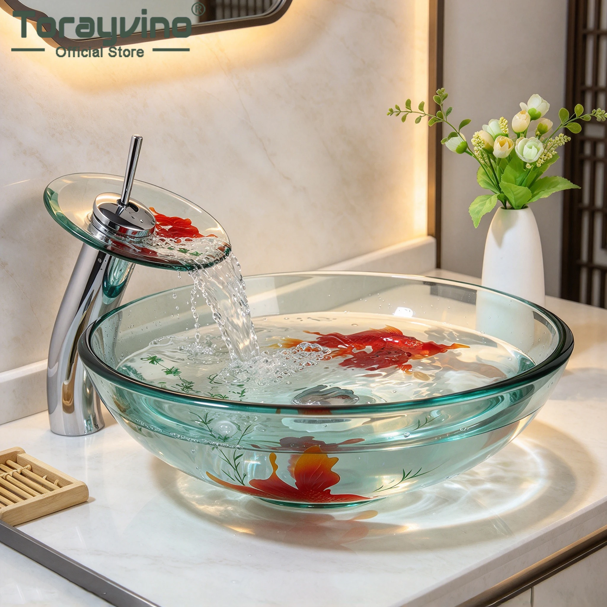 Torayvino Round Tempered GlassBasin Bathroom Sink Deck Mounted Washbasin Vessel Vanity Waterfall Faucet With Pop up Drain Set