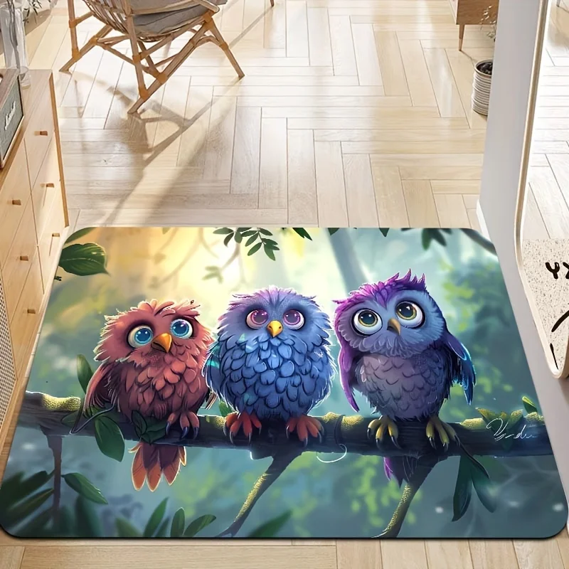 Three Whimsical Owls Kitchen Mat: Soft, Thick, and Machine Washable - Perfect for Entryways, Kitchens, or Living Rooms